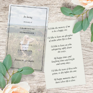 Elegant Funeral Favour   Memorial Photo Poem Card
