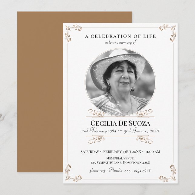 Elegant Funeral Gold White Classic Custom Photo Invitation (Front/Back)