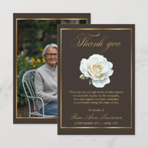 Elegant Funeral Gold White Rose Photo Thank You Card