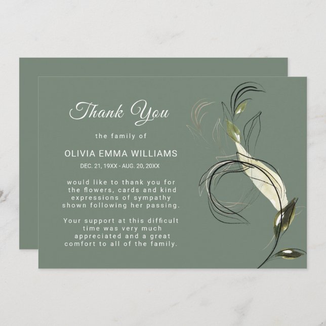 Elegant Funeral Greenery  Gold Thank You Card (Front/Back)