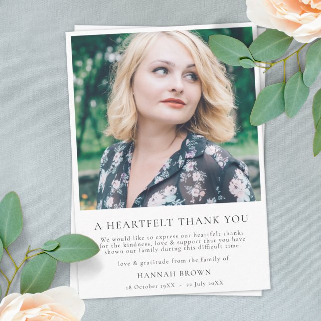 Elegant Funeral | Heartfelt Modern Photo Thank You Card (Creator Uploaded)