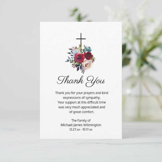 Elegant Funeral Religious Cross Floral Thank You Card (Standing Front)