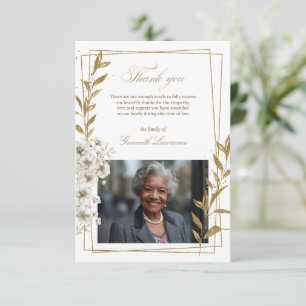 Elegant Funeral White Cosmos Gold Leaves Thank You Card
