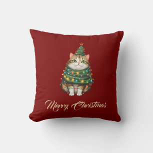 Elegant Funny Cat Christmas Tree Red Green Cushion