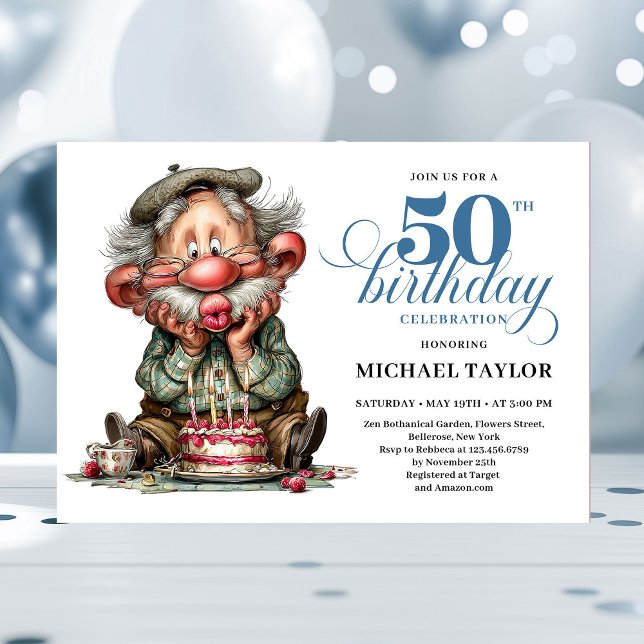Elegant Funny Man 50th Birthday Humor Cartoon  Invitation (Funny Bold Man Turning 50 Quirky Birthday Invite)