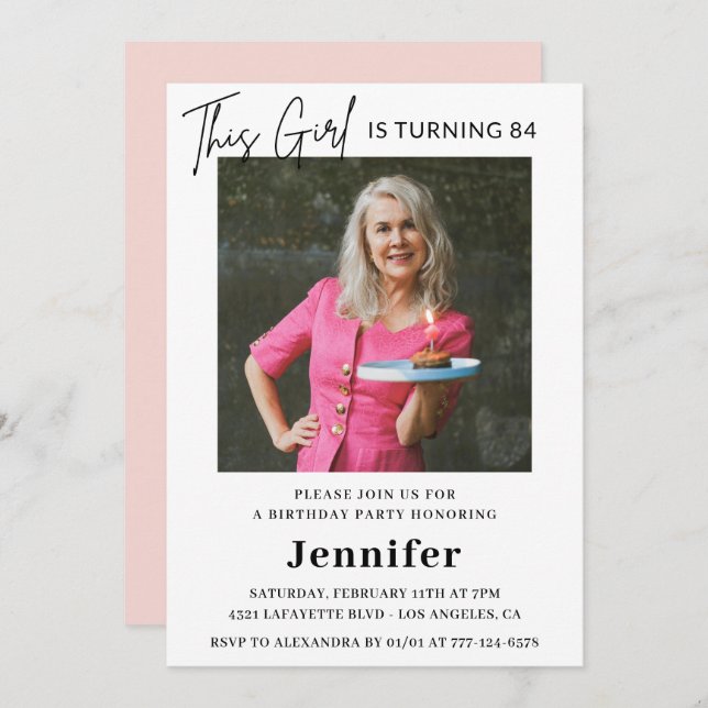 Elegant Funny Pink Photo 84th birthday Invitation (Front/Back)