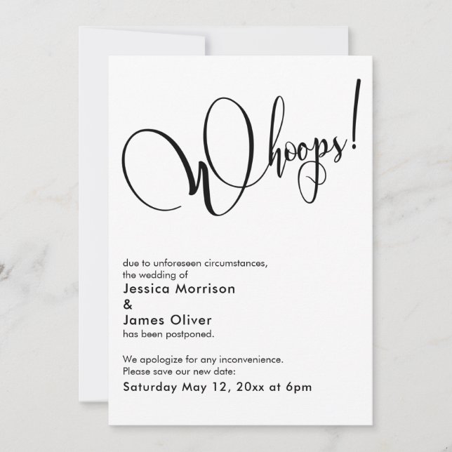 Elegant Funny "Whoops!" Postponed Wedding Card (Front)