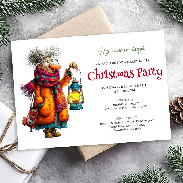Elegant Funny Woman Comic Christmas Editable  Invitation (Festive Funny Woman Editable Christmas Invite Digital)