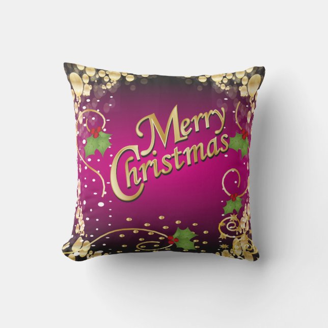 Elegant Fuschia Pink and Gold Christmas Cushion (Front)