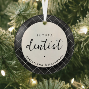 Elegant Future Dentist Check Pattern Personalized Glass Tree Decoration