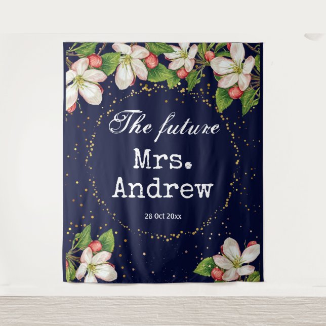 Elegant future mrs navy blue floral golden glitter tapestry (Front)
