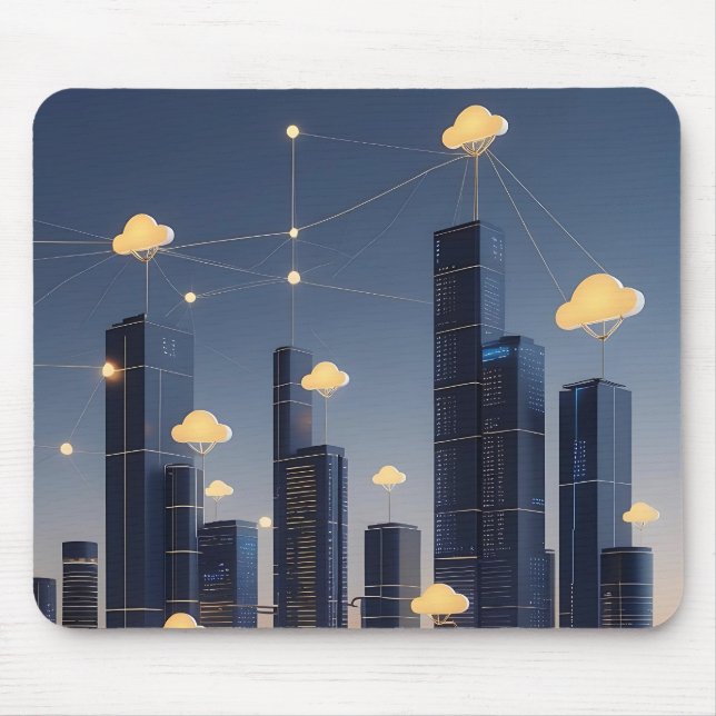 Elegant Futuristic Smart City Wireframe – Glowing  Mouse Mat (Front)
