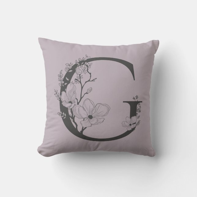 Elegant G Boho Floral Monogram Initial Lilac Grey Cushion (Front)