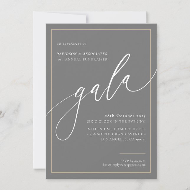 ELEGANT GALA calligraphy stylish formal grey gold Invitation (Front)