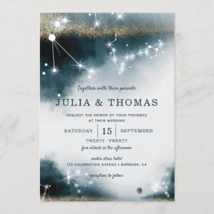 Elegant Galaxy Blue Gold Stars Wedding Invitation