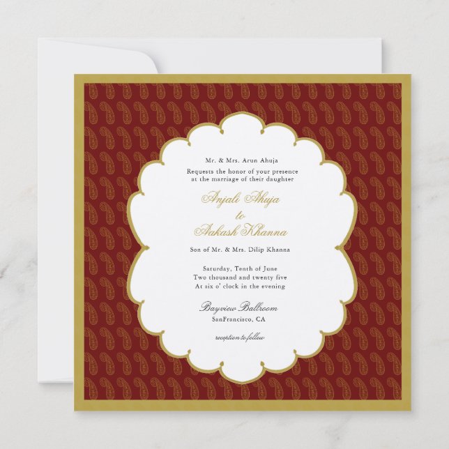 Elegant Ganesh gold and red Indian wedding Invitation (Back)