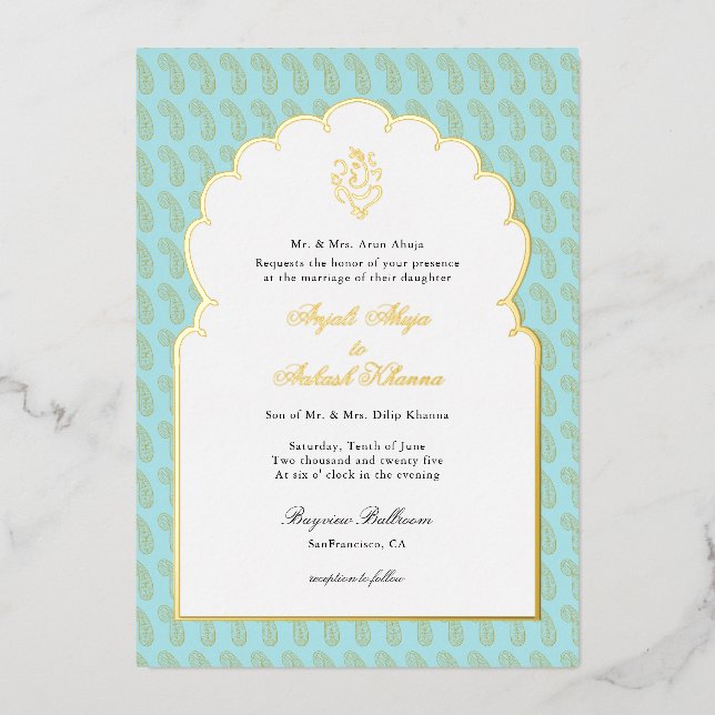 Elegant Ganesh Indian wedding Aqua and gold (Front)