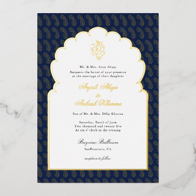 Elegant Ganesh Indian wedding Dark blue and gold (Front)