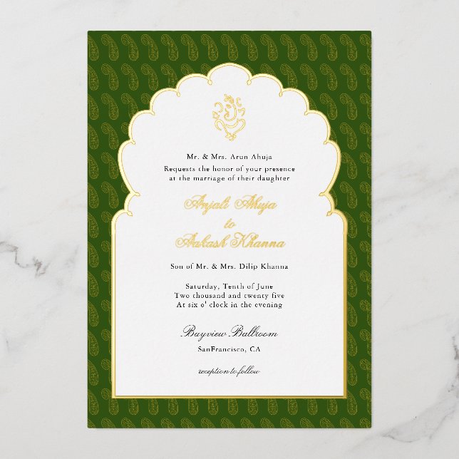 Elegant Ganesh Indian wedding Dark green and gold (Front)