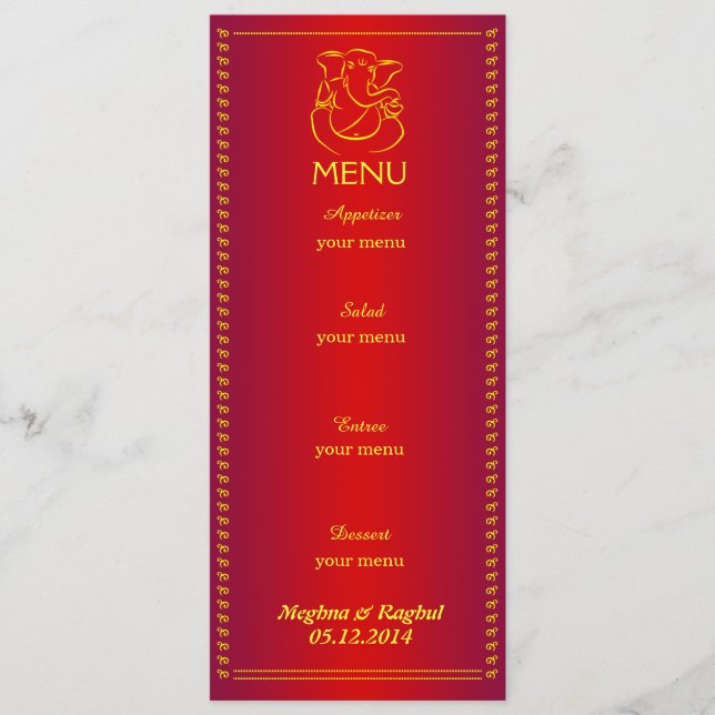 Elegant Ganesh | Indian Wedding Red Menu Card (Front)
