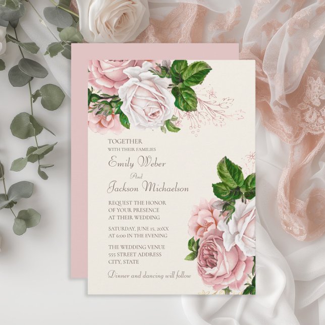 Elegant Garden Blush Pink Floral Cream Wedding Invitation (Elegant blush pink vintage floral wedding invitation)