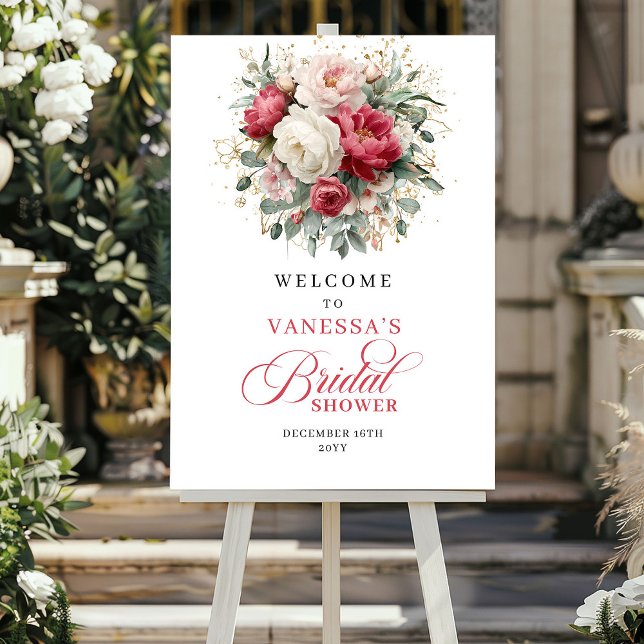 Elegant Garden Burgundy Floral Welcome Bridal Show Poster (Elegant Garden Burgundy Floral Welcome Bridal Shower)