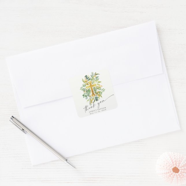Elegant Garden Floral Baptism Thank You Square Sticker (Envelope)