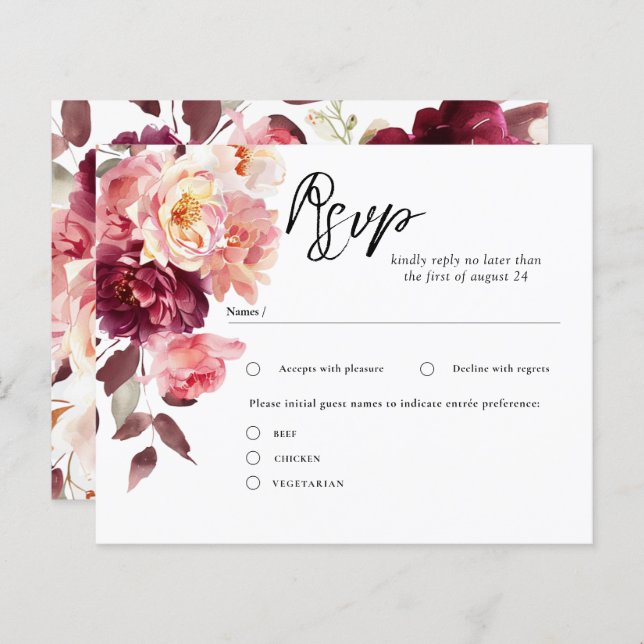 Elegant Garden Floral Burgundy Wedding RSVP Cards (Front/Back)