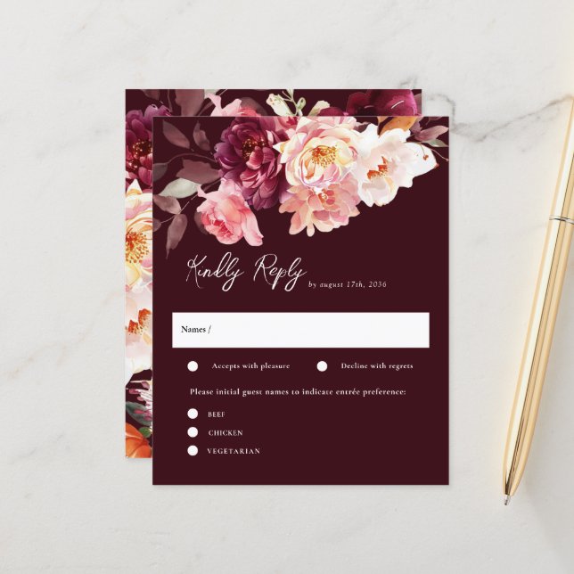 Elegant Garden Floral Burgundy Wedding RSVP Cards (Front/Back In Situ)