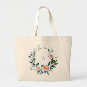 Elegant Garden Floral Wreath Monogram Large Tote Bag