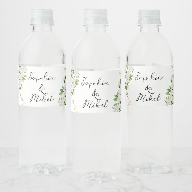 ELEGANT GARDEN FLORALS GOLD FRAME GREENERY WEDDING WATER BOTTLE LABEL (Bottles)