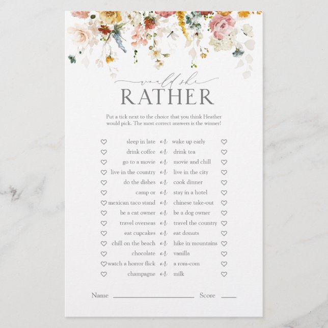 Elegant Garden Flowers Floral Bridal Shower Game (Front)