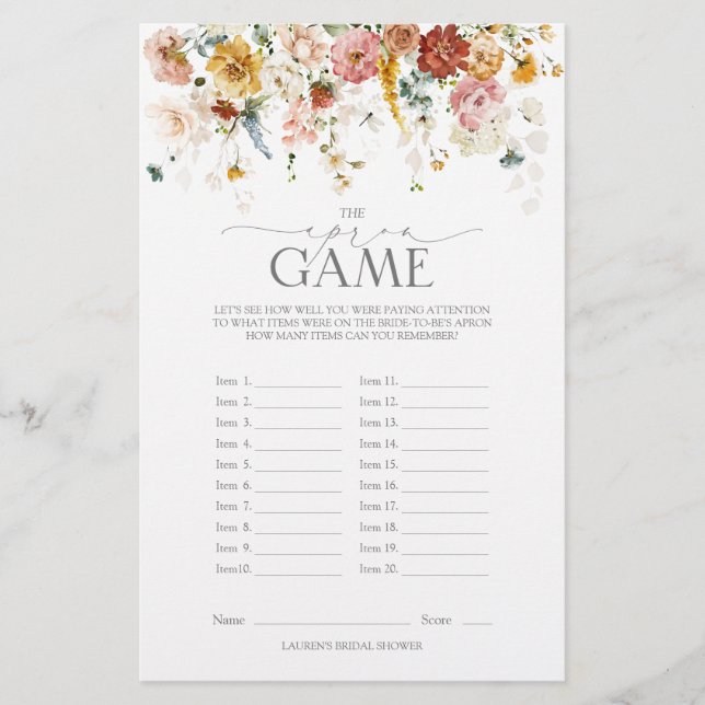 Elegant Garden Flowers Floral Bridal Shower Game (Front)