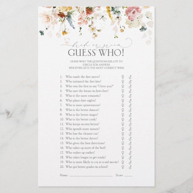 Elegant Garden Flowers Floral Bridal Shower Game (Front)