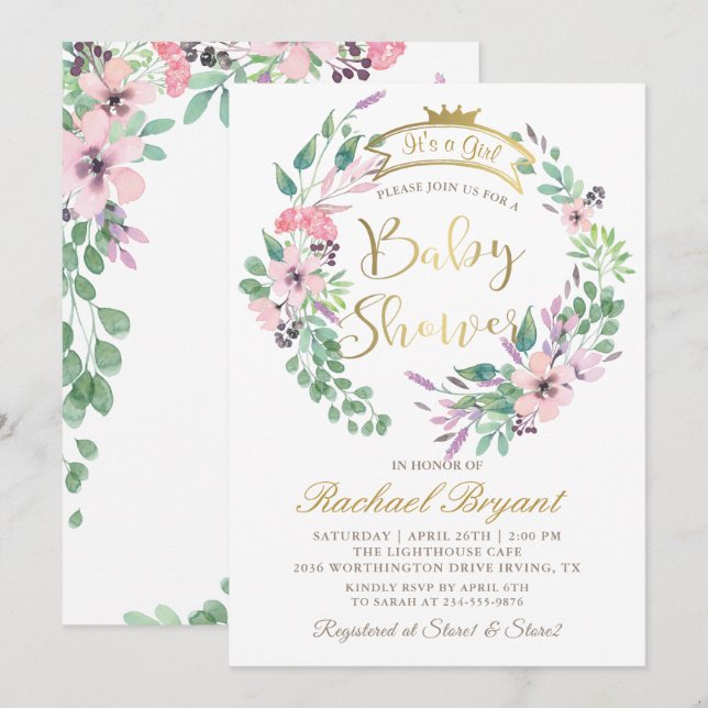 Elegant Garden Flowers Gold Crown Girl Baby Shower Invitation (Front/Back)