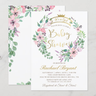 Elegant Garden Flowers Gold Crown Girl Baby Shower Invitation