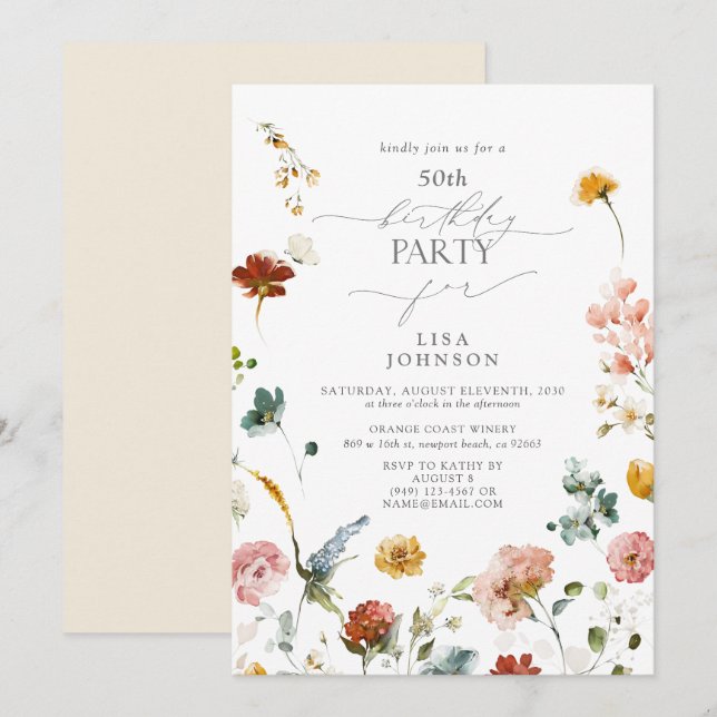 Elegant Garden Flowers Watercolor 50th Birthday Invitation (Front/Back)