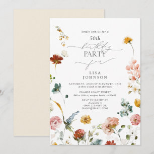 Elegant Garden Flowers Watercolor 50th Birthday Invitation