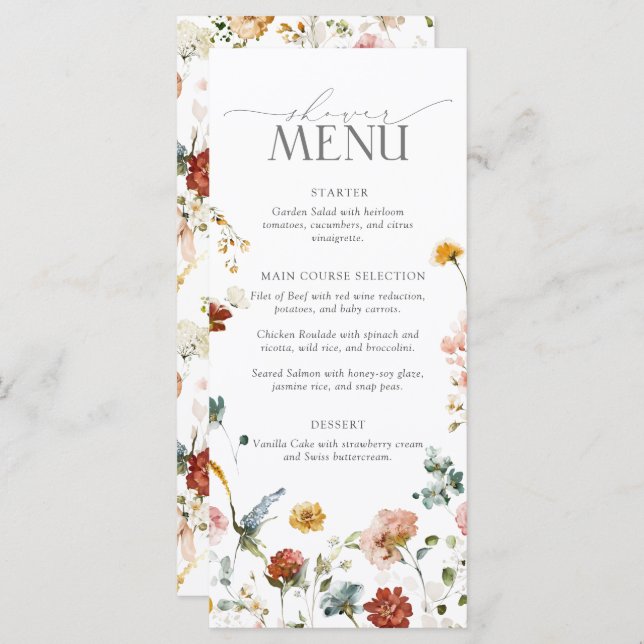 Elegant Garden Flowers Watercolor Bridal Shower Menu (Front/Back)