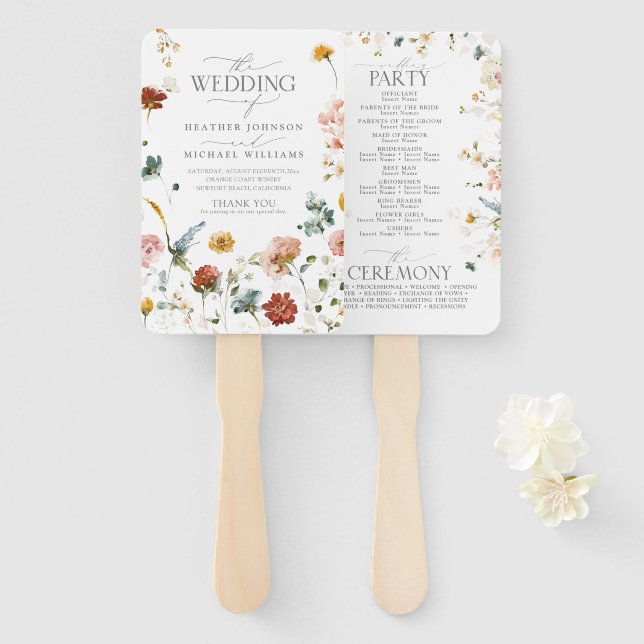 Elegant Garden Flowers Watercolor Floral Program Hand Fan (Front and Back)