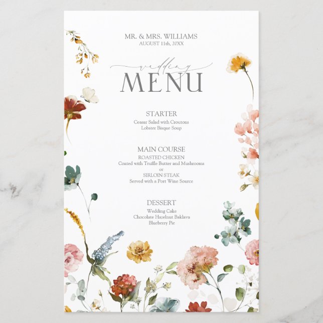 Elegant Garden Flowers Watercolor Wedding Menu (Front)
