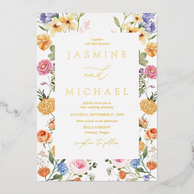 Elegant Garden Flowers Wildflower Wedding Gold (Front)