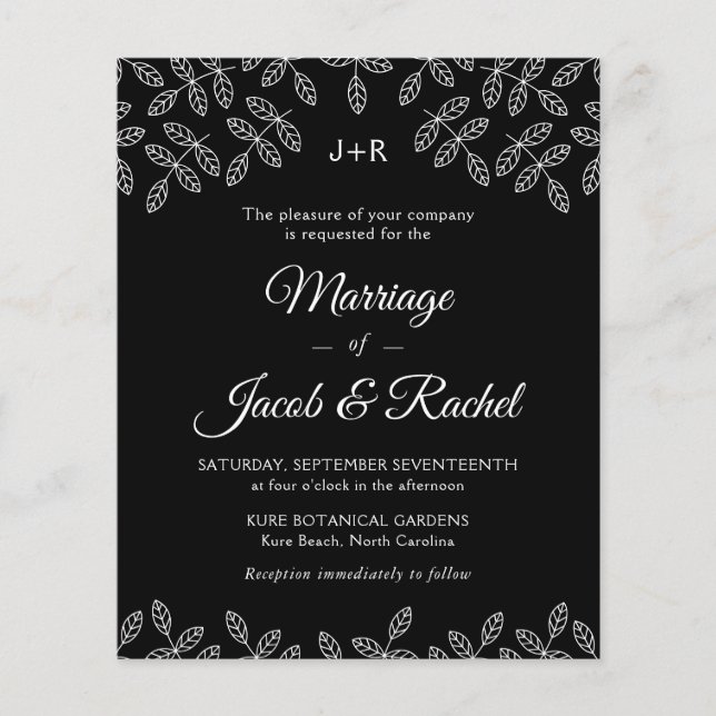 Elegant Garden Leaves Black Wedding Invitation (Front)