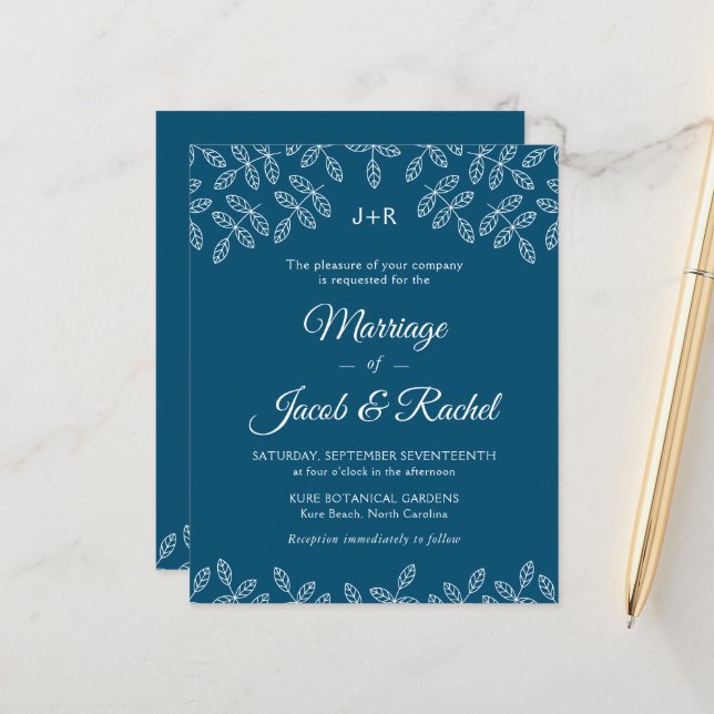 Elegant Garden Leaves Blue Wedding Invitation (Front/Back In Situ)