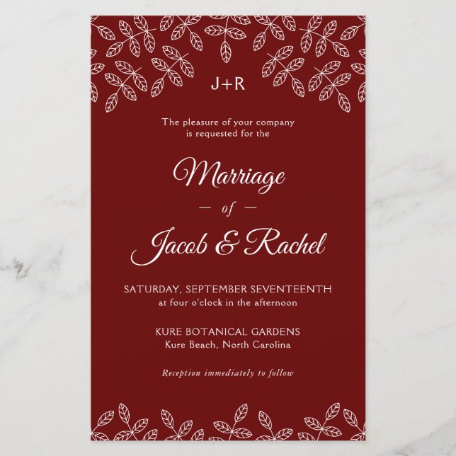 Elegant Garden Leaves Dark Red Wedding Invitation (Front)