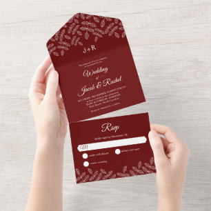 Elegant Garden Leaves Fall Winter Burgundy Red All In One Invitation