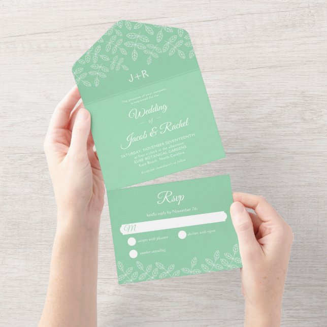 Elegant Garden Leaves Mint Green Wedding All In One Invitation (Tearaway)