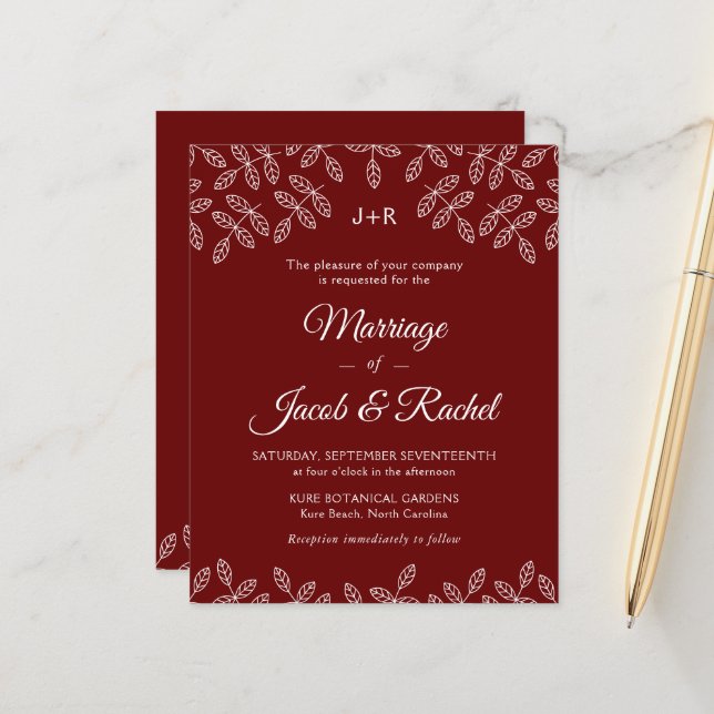 Elegant Garden Leaves Red Wedding Invitation (Front/Back In Situ)