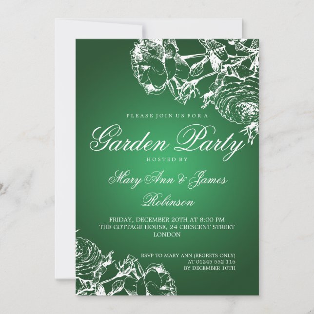 Elegant Garden Party Roses Green Invitation (Front)
