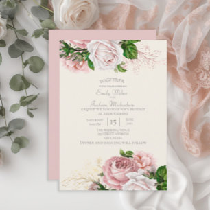 Elegant Garden Pink Floral Roses Cream Wedding Invitation